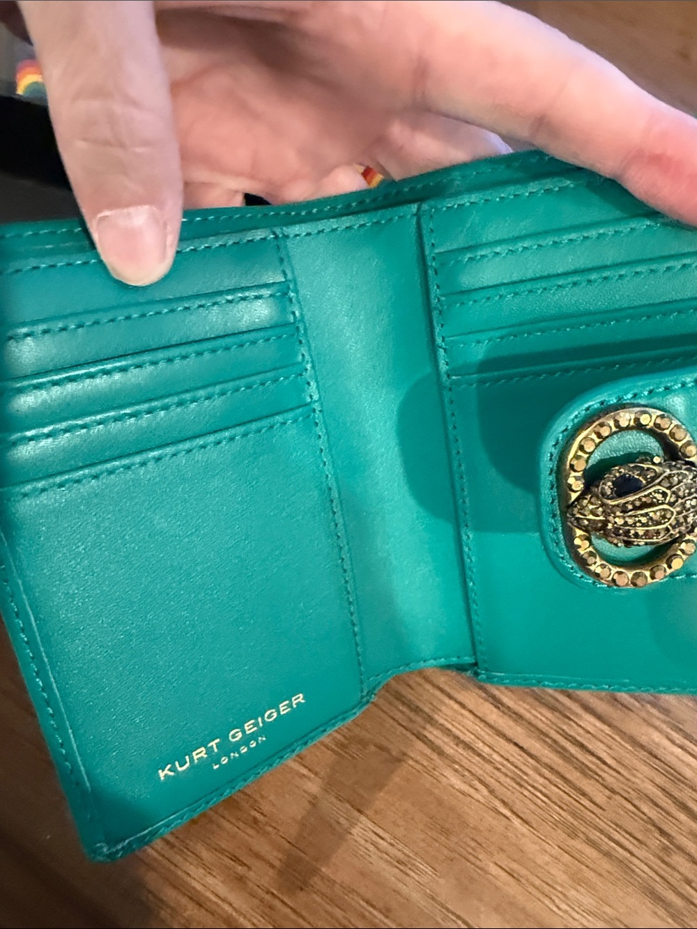Kurt Geiger Teal Leather Snap Key & Card Holder with Brass Eagle Emblem